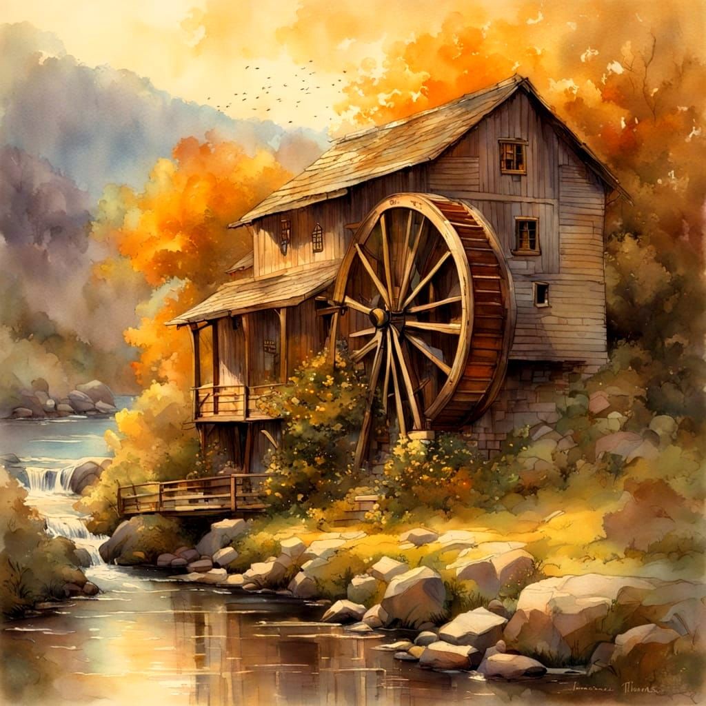 Ethereal Greek Water Wheel in Golden Light