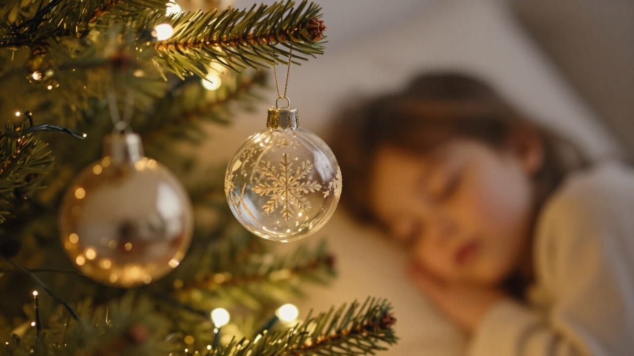 Close-Up Christmas Ornaments in Warm Tree Glow