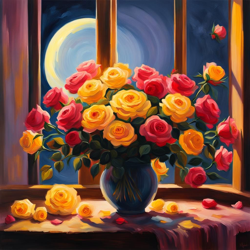 Roses and Moon: Vibrant Still Life Painting