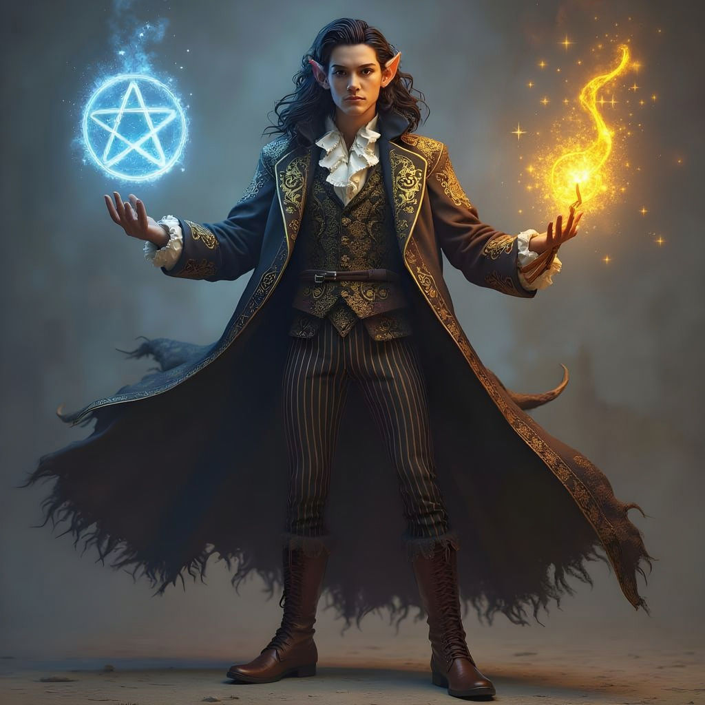 Elegant Dark Elf Sorcerer in Opulent Coat and Magical Accout...