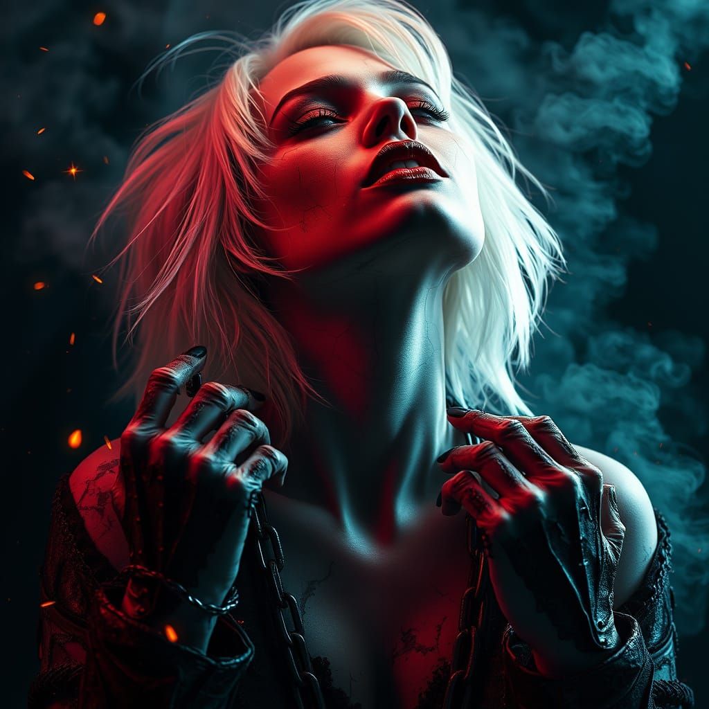 Cracked Porcelain Woman with Ember Glow and Platinum Hair