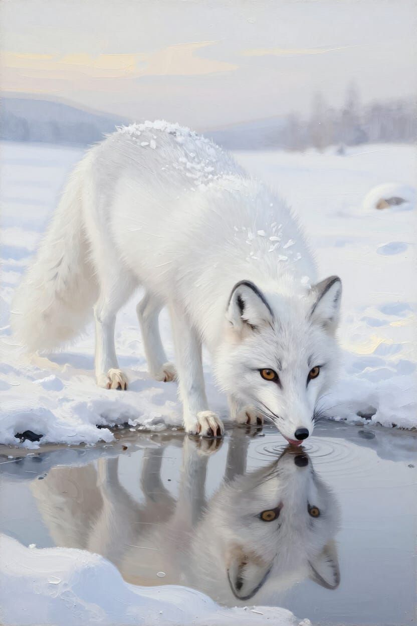 Arctic Fox Drinks in Snowy Scandinavian Morning Light