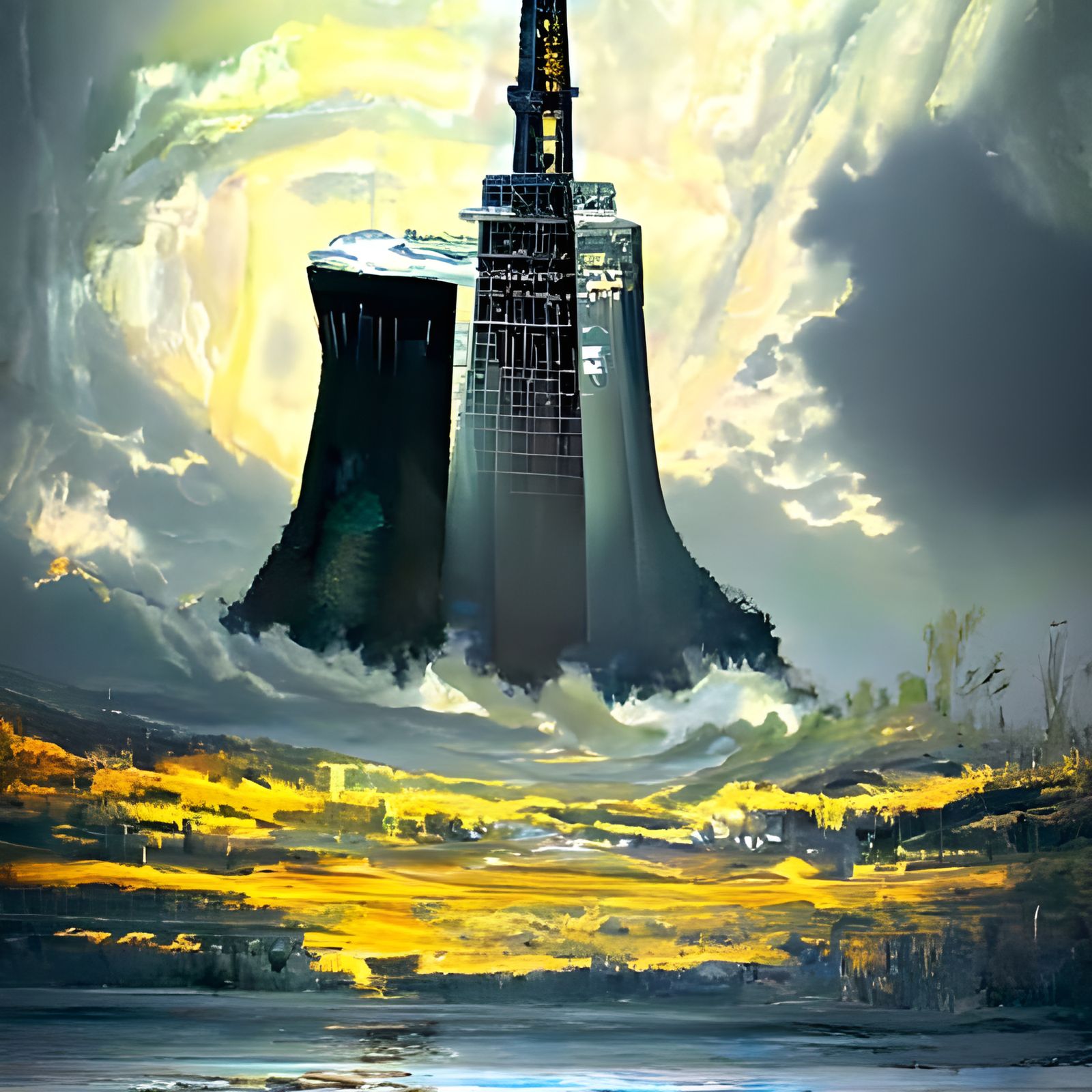 Nuclear Skyscraper in Oil Painting Style