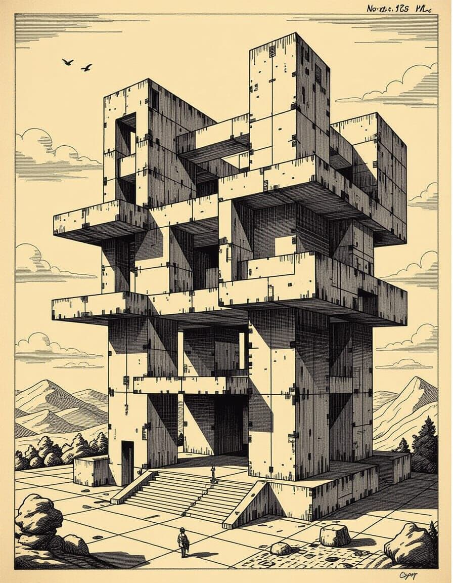 Brutalist Monolith Meets DaVinci Annotation