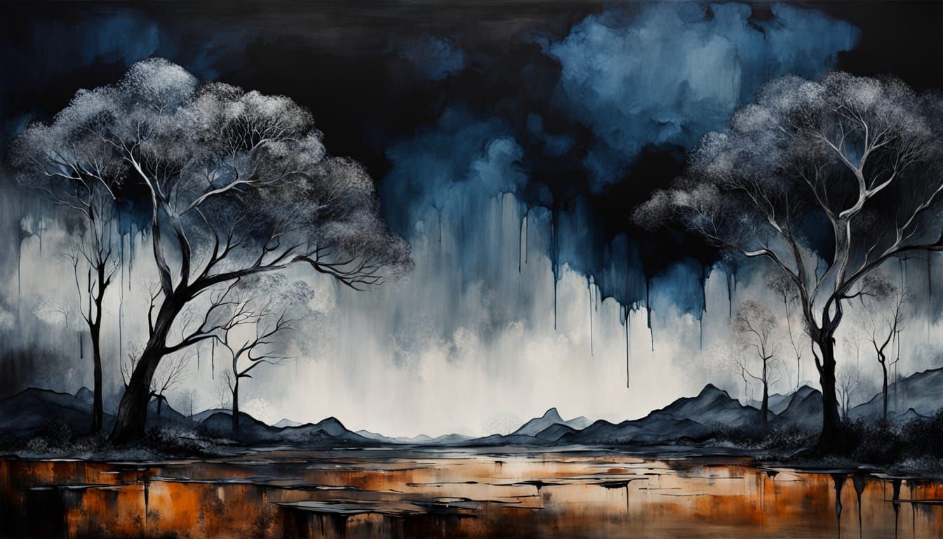 Ominous Australian Outback Landscape in Distressed Ink