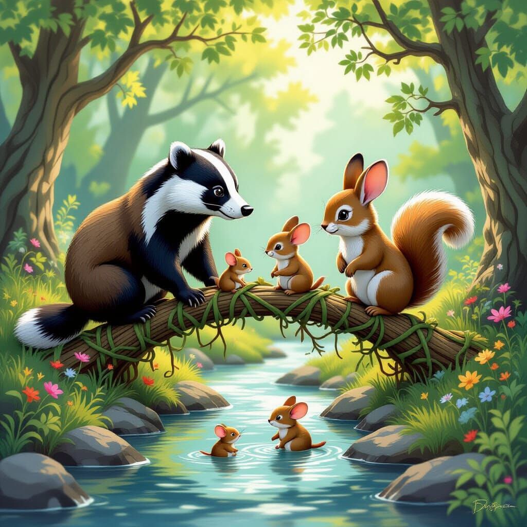 Woodland Creatures Build Vine Bridge in Fantastical Art Nouv...