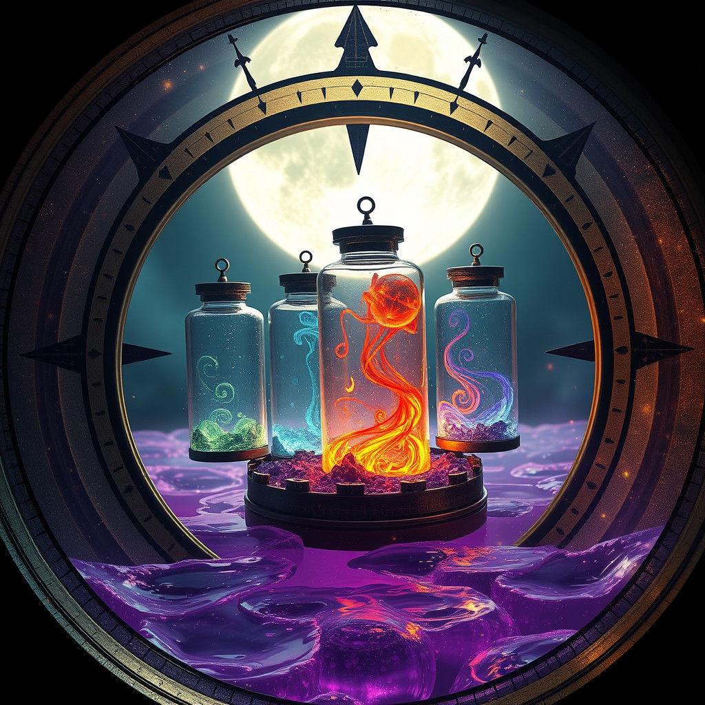 Mystical Compass with Four Elements in Dark Fantasy Style