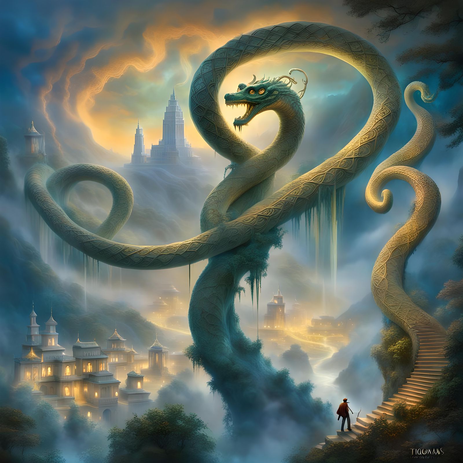 Climbing Serpent Staff in Ethereal Fantasy Landscape