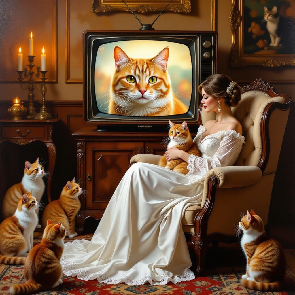 Whimsical Realism: Woman and Cats Watch Giant Cat