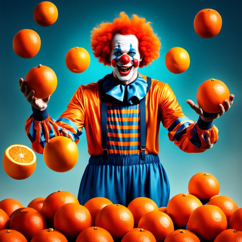 Photorealistic Clown Juggling Oranges in Orange Setting