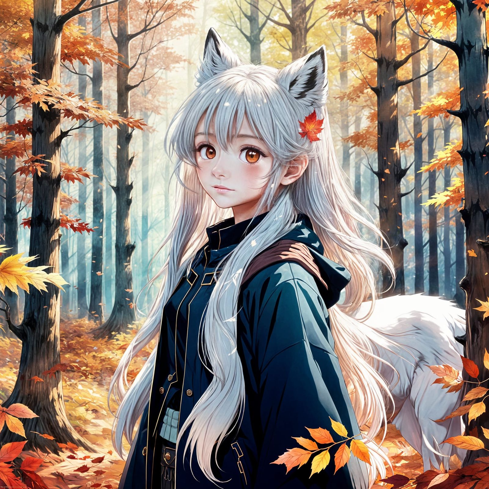 Anime Girl with Wolf Ears in Autumn Light