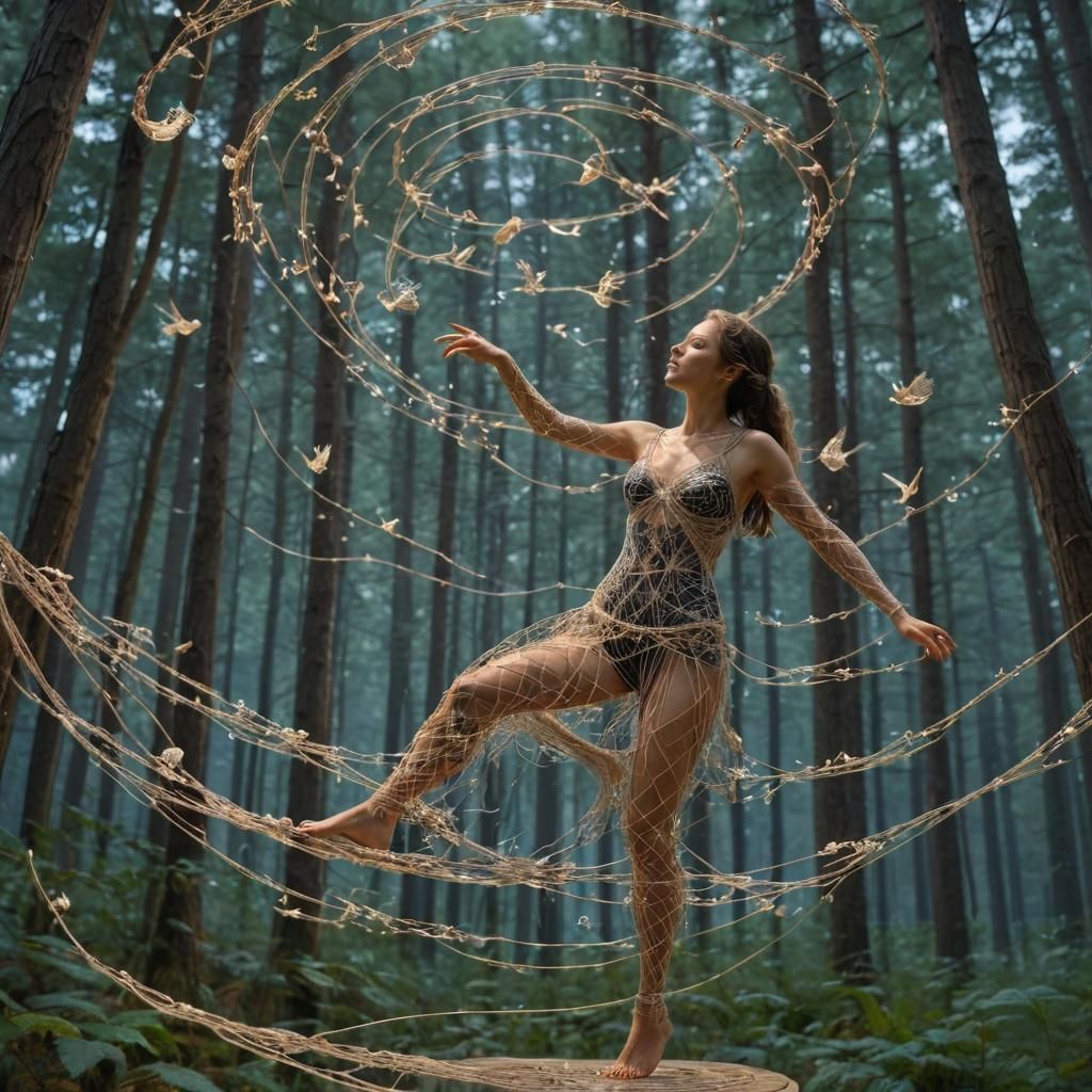 String Woman Dancing with Birds: Dynamic Digital Art