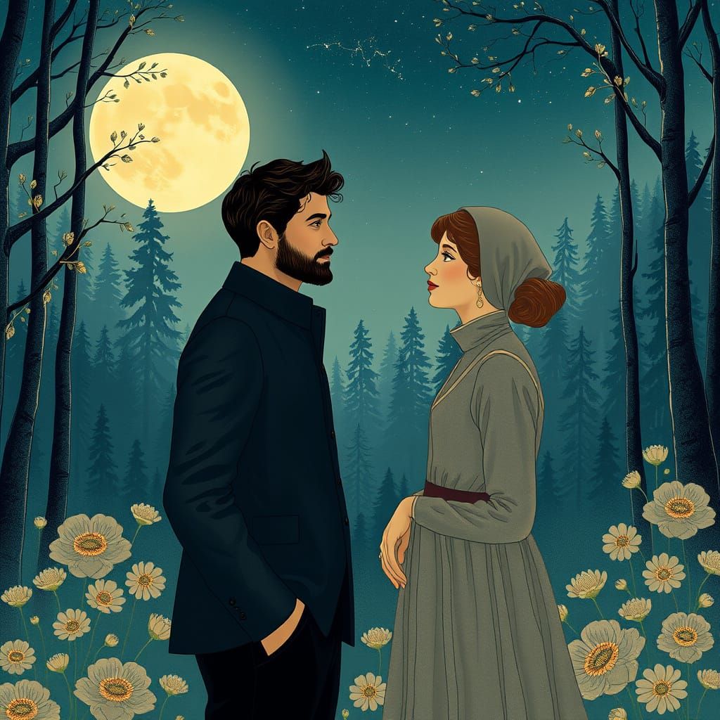Moonlit Couple in Art Nouveau Style Forest