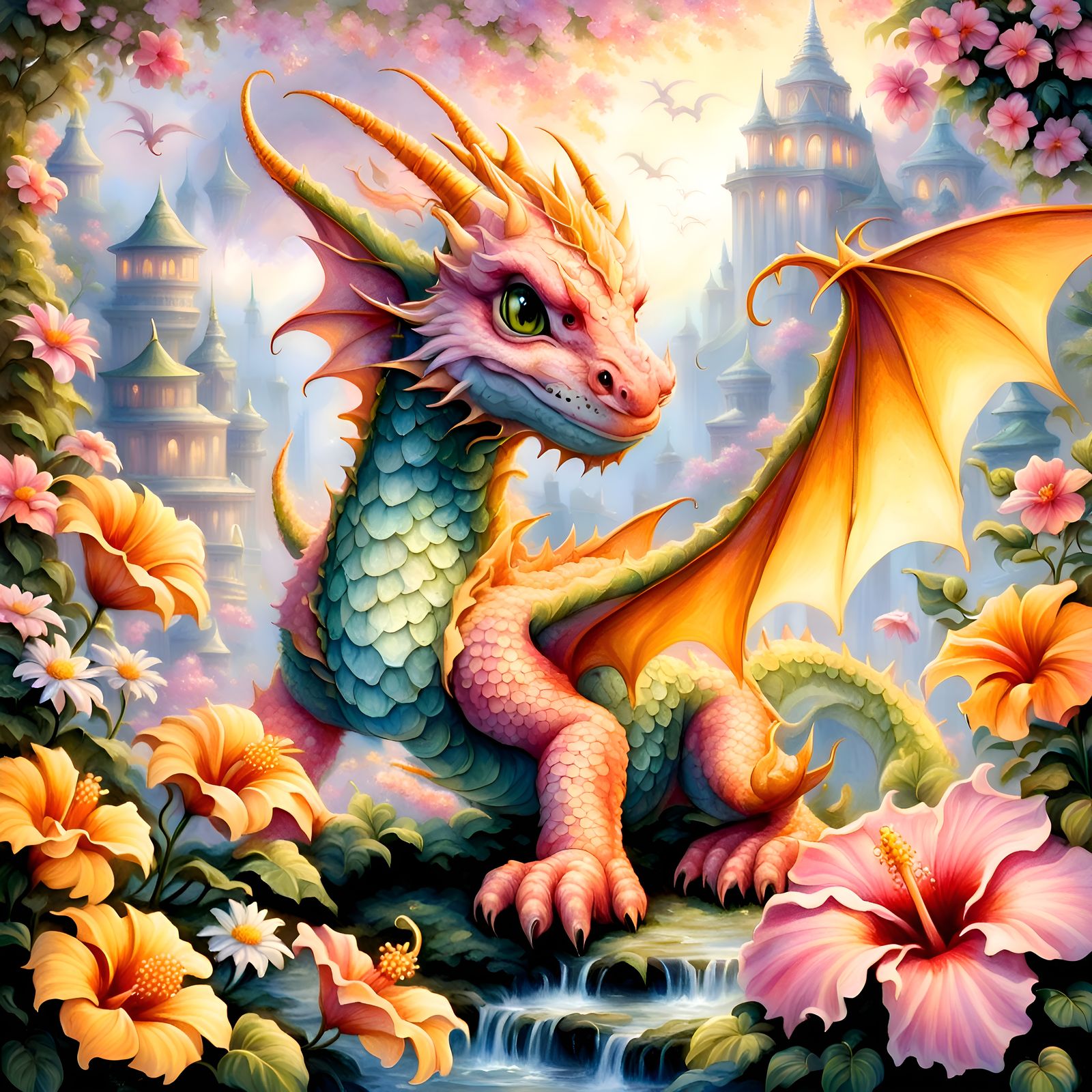 Cute Baby Dragon Surrounded by Flowers