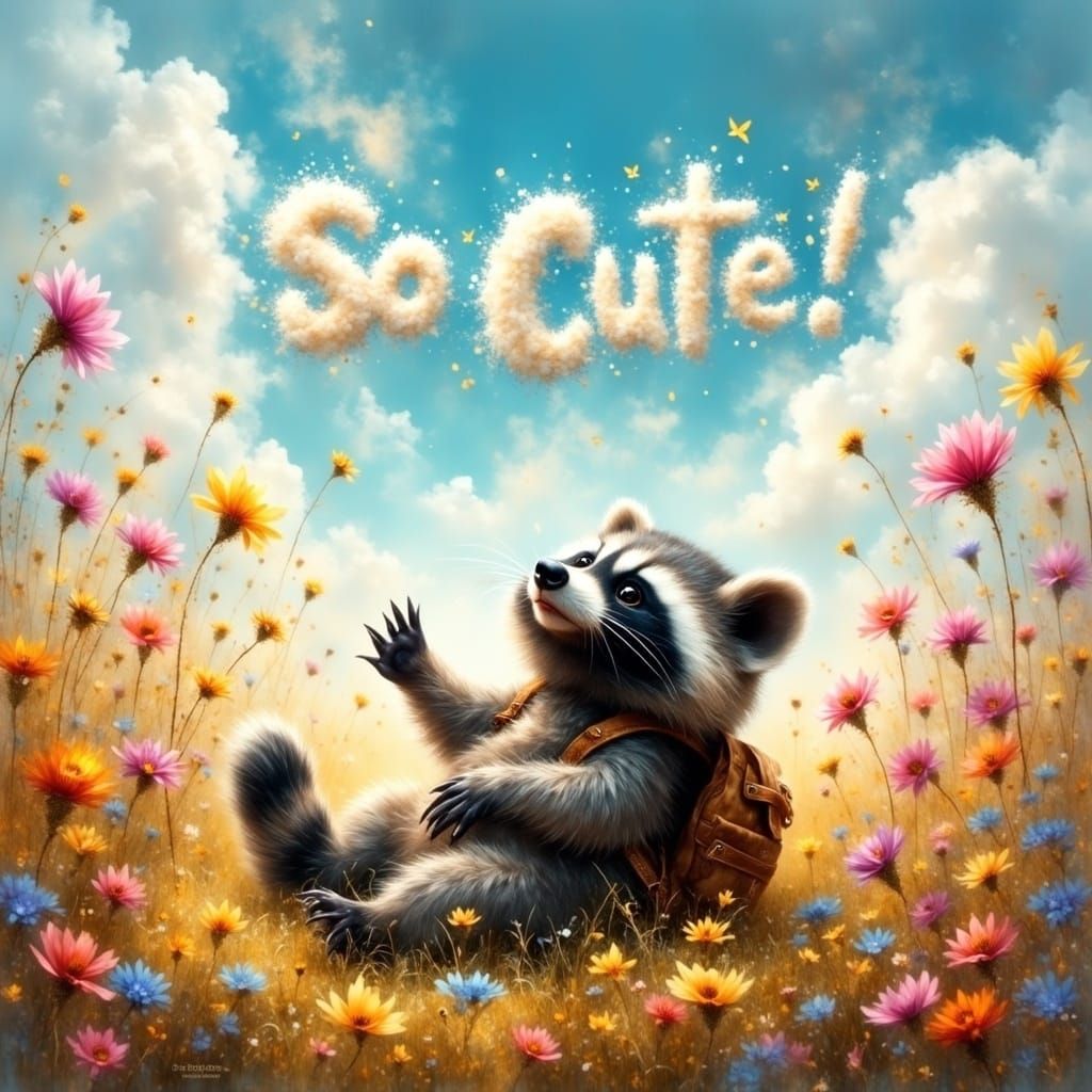 Whimsical Raccoon in a Vibrant Flower Field