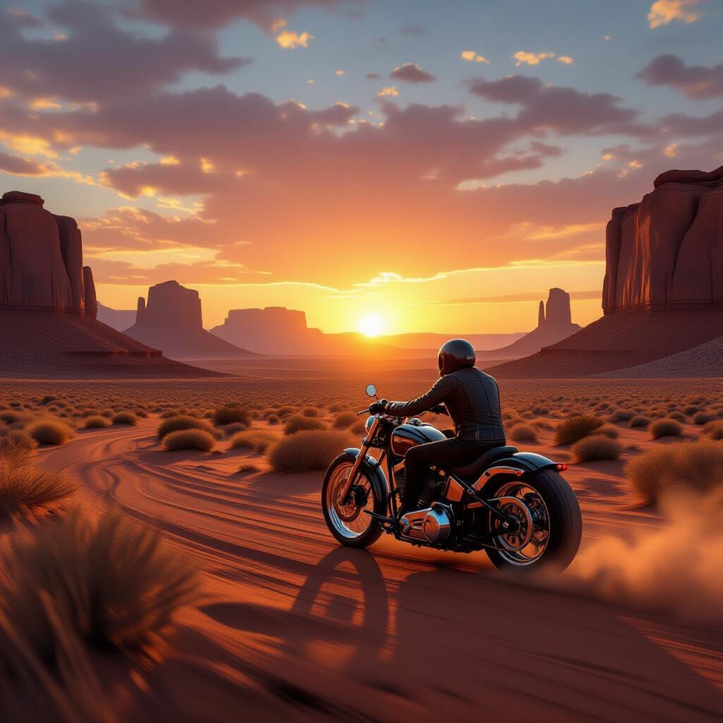 Motorcyclist Races Chrome Chopper Through Desert Sunset