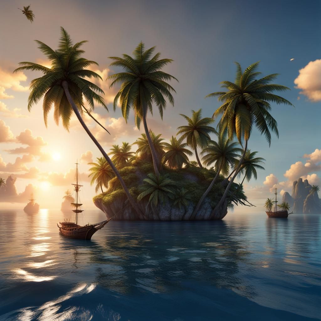 Seascape Sunset: Lonely Island with Coconut Trees