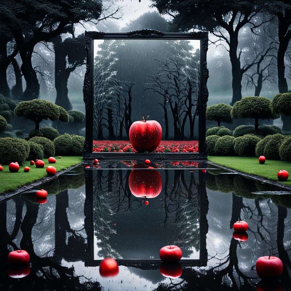 Rainy Rose Garden: Apple Reflection in Mirror