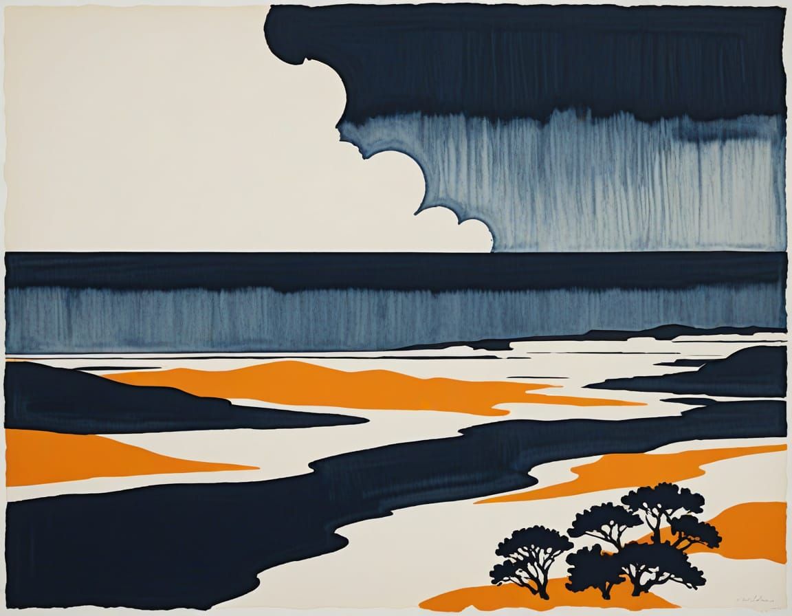 Surreal Dunescape in Vibrant Navy and Orange