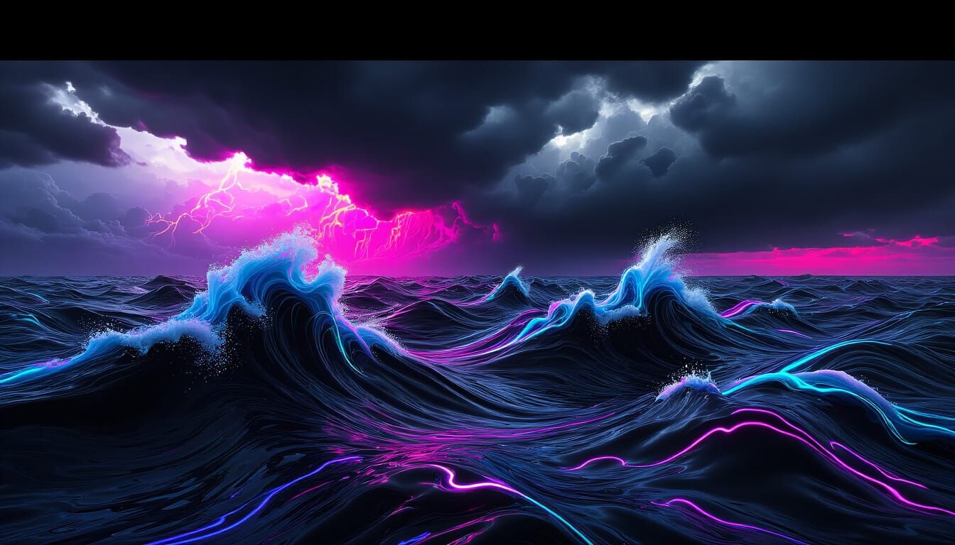 Neon Liquid Sea Under Stormy Skies