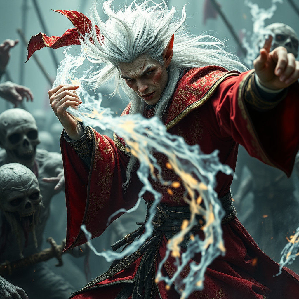 Elf Wizard Vanquishes Zombies: Gritty Fantasy Art