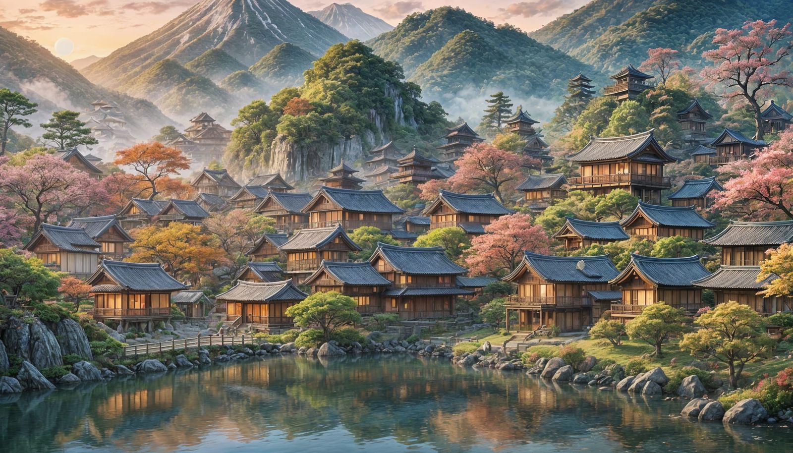 Japanese Village at Dawn in Watercolor