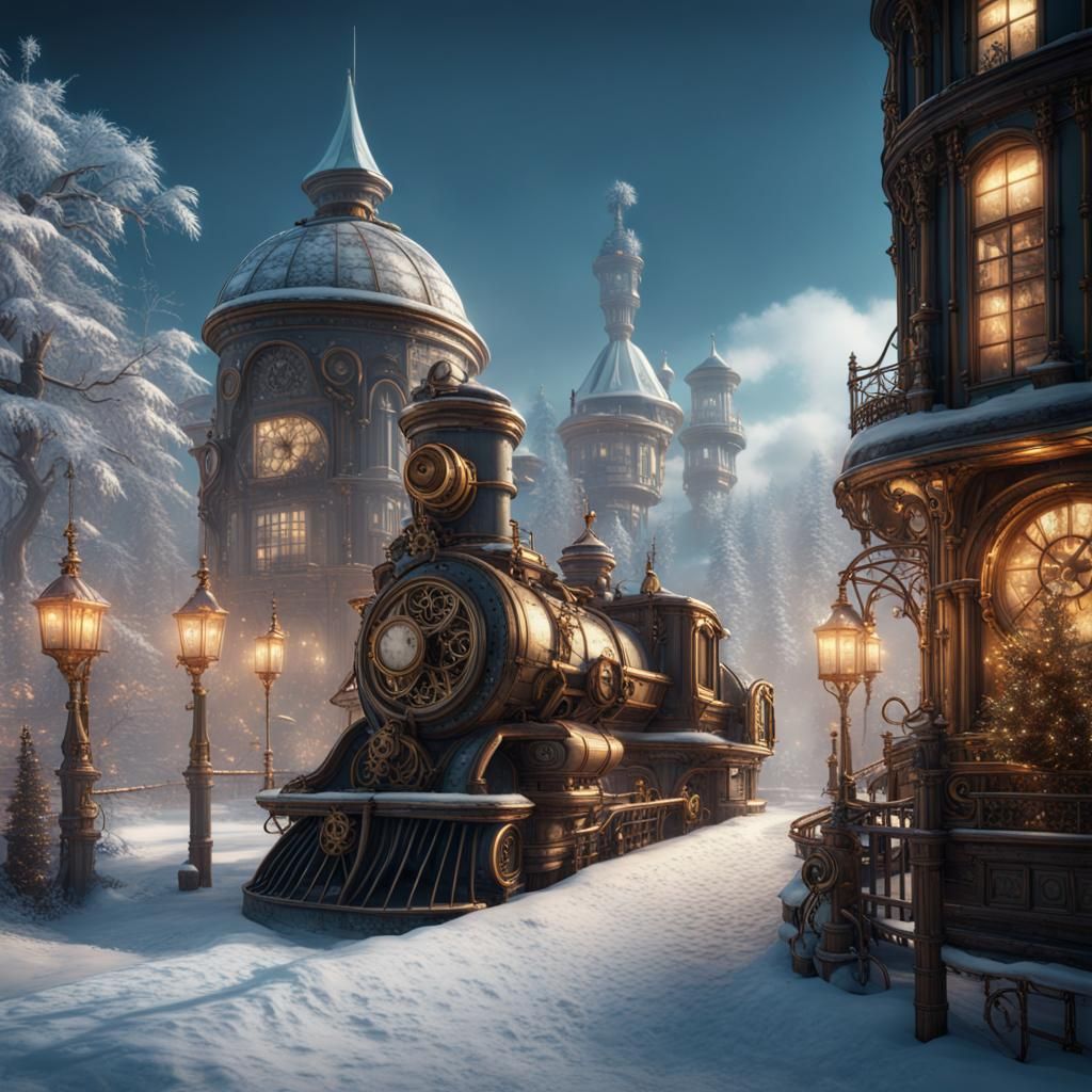 Steampunk Winter Wonderland in Detailed Matte Painting