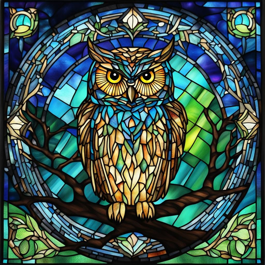 Owl in Tree Under Aurora Sky: Stained Glass Art