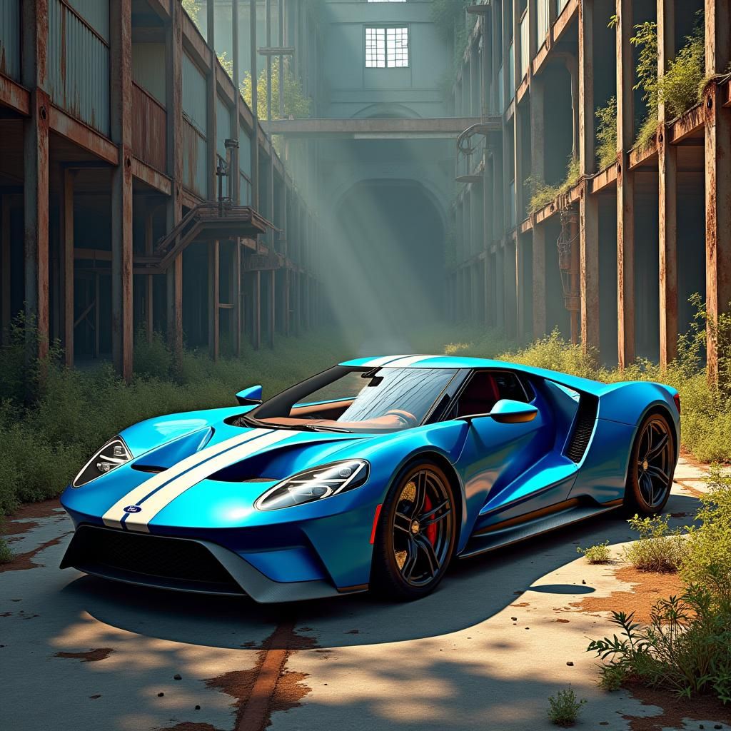 Ford GT in Abandoned Factory: Hyperrealistic Digital Art