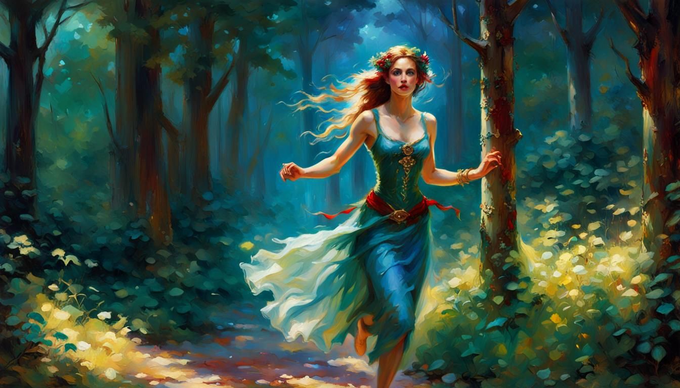 Elf Woman in Forest, Chiaroscuro Cinematic Painting
