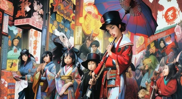 Japanese Folklore Creatures in Dark Fantasy Style