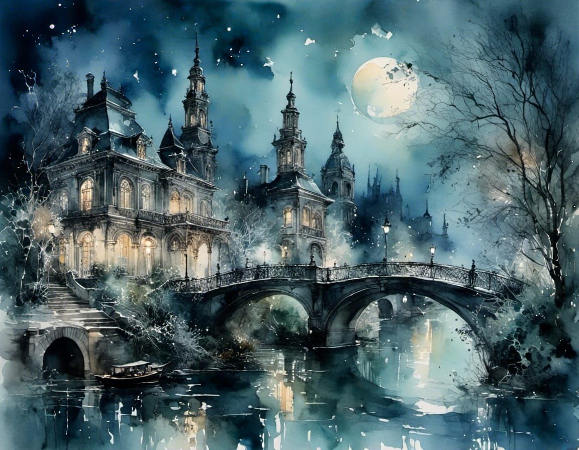 Blue City Night: Watercolor Painting with Full Moon