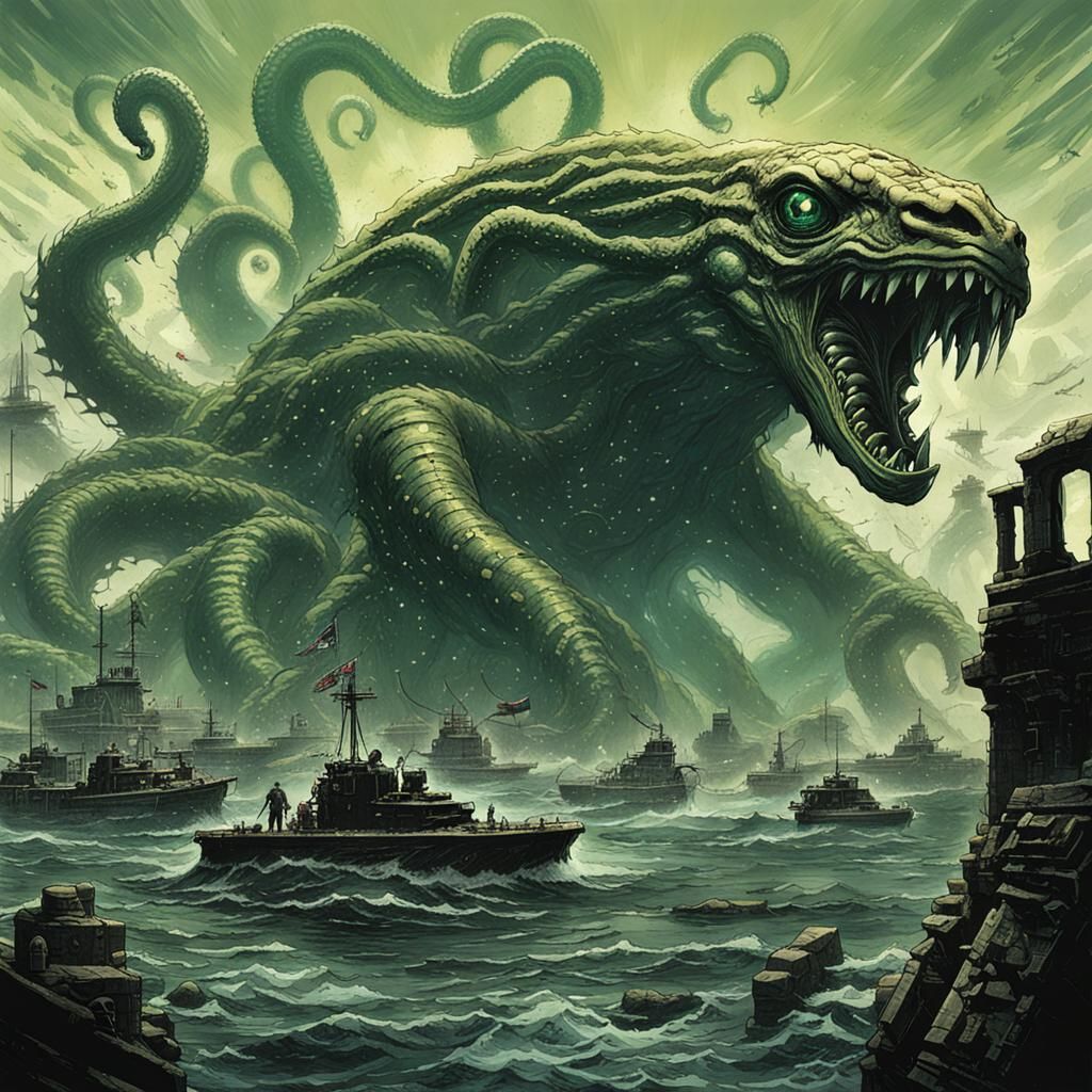 Hydra Battle in Lovecraftian Sci-Fi World