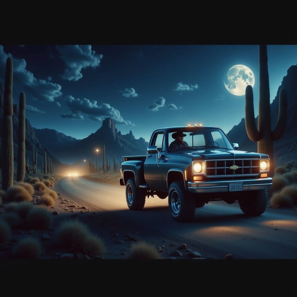 Cowboy Drives Truck Through Arizona Desert Night