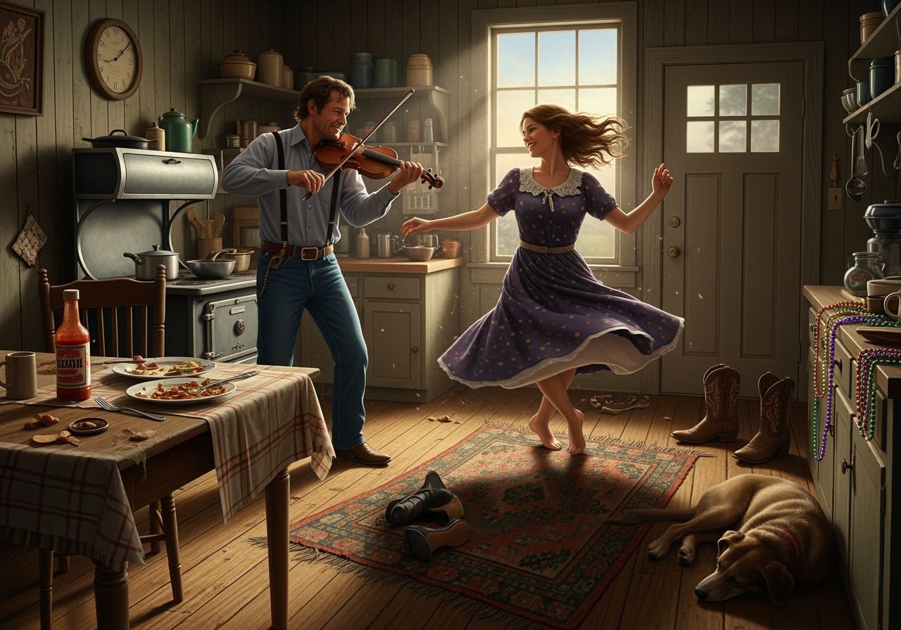 Joyful Dance in Rustic Kitchen at Dawn
