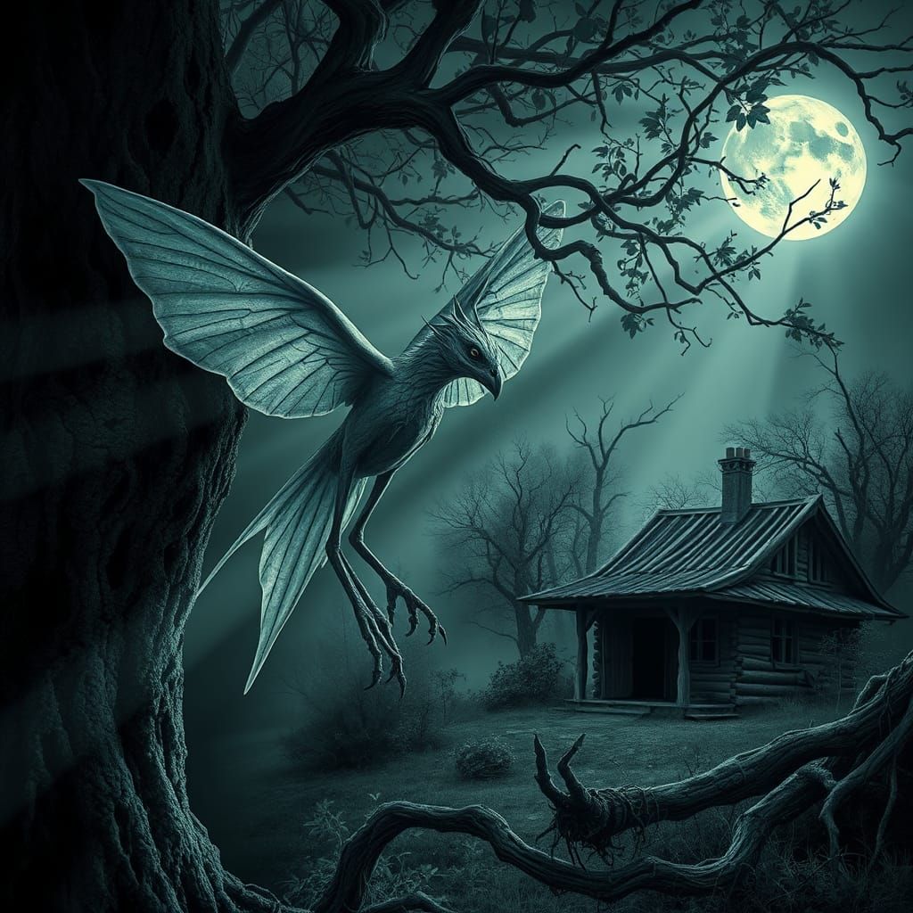 Ghostly Spider Weaves Silver Web in Twisted Tree Under Moonl...