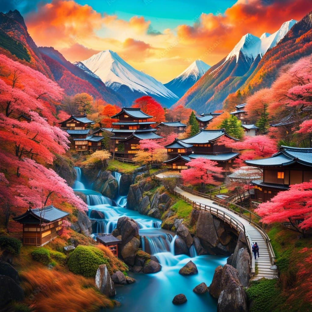 Japanese Village in a Mountainous Panorama Landscape