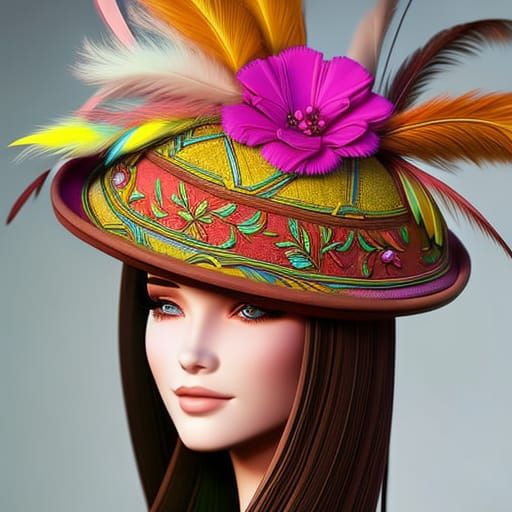 Elaborate Feathered Hat Portrait in Art Nouveau Style