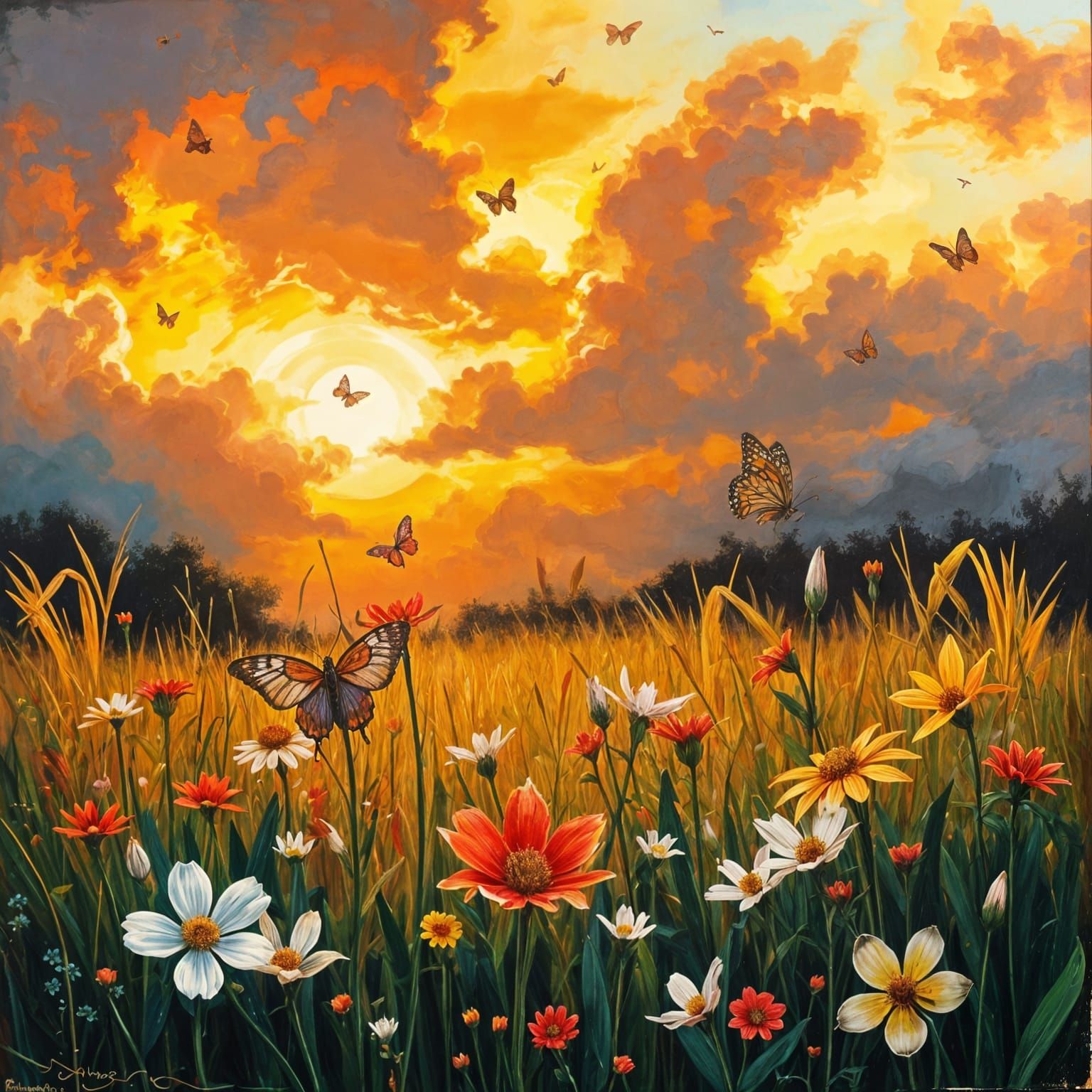 Vibrant Meadow Scene in Expressive Brushwork