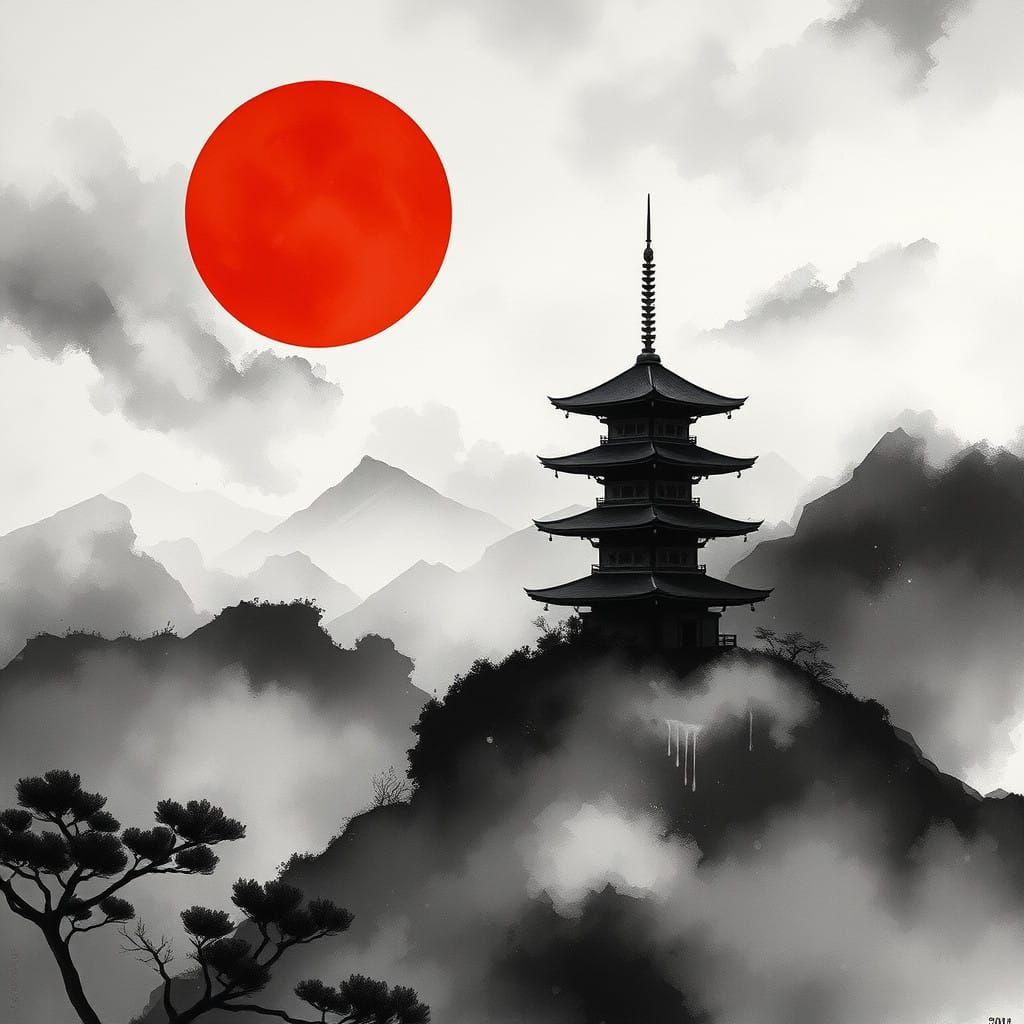 Misty Pagoda Scene in Japanese Tenebrism Style