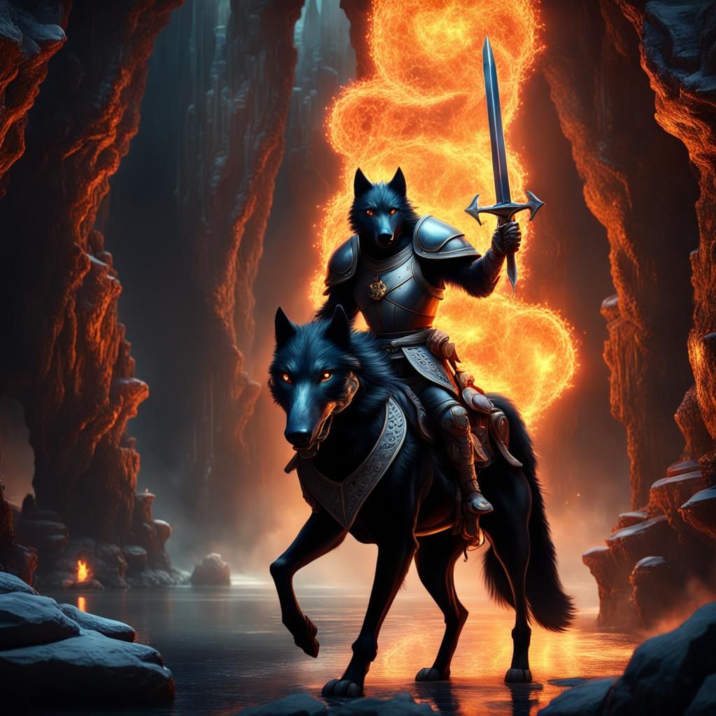 Armored Wolf Knight Riding Stallion in Crystal Cave