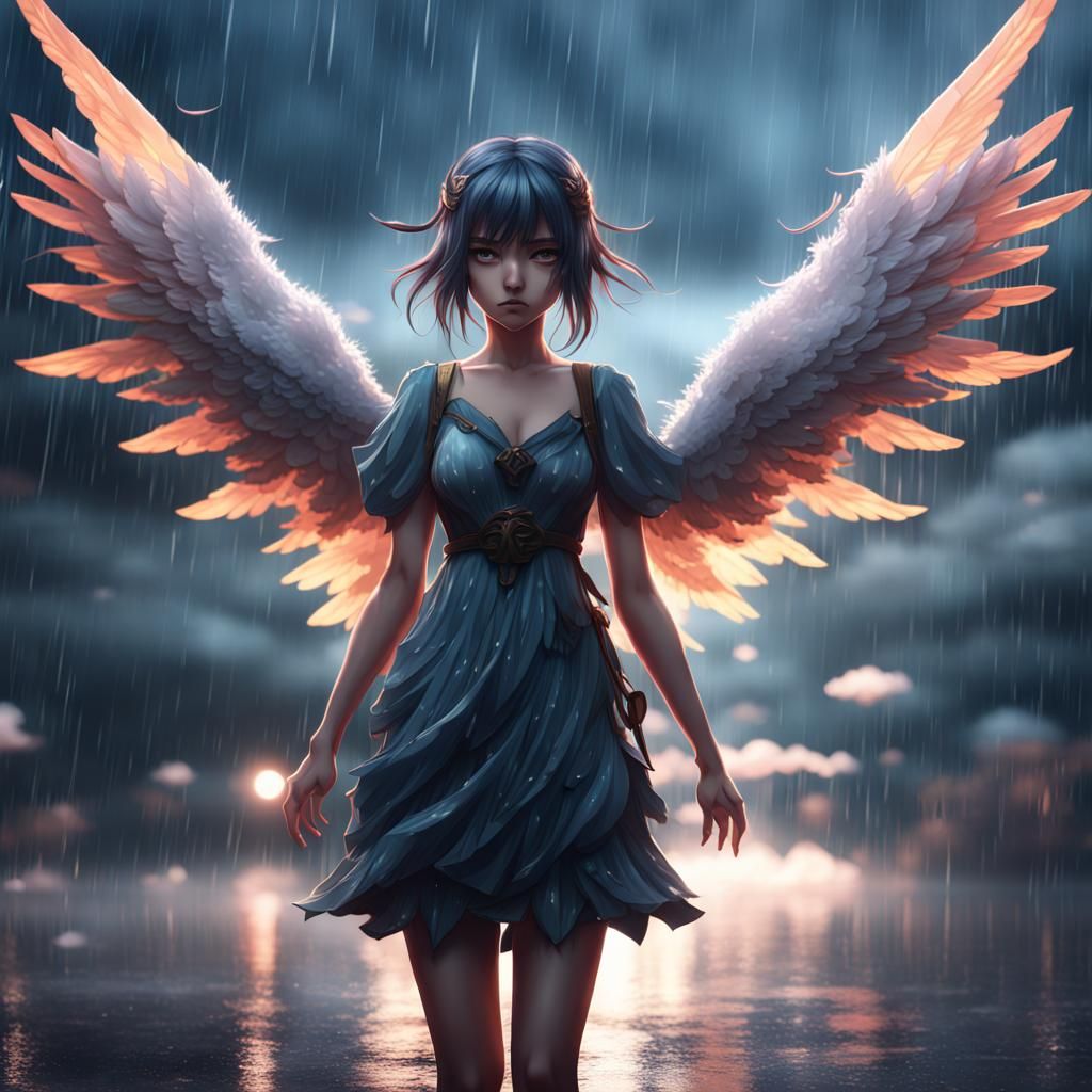 Anime Girl with Wings in Rain Cloud Dress