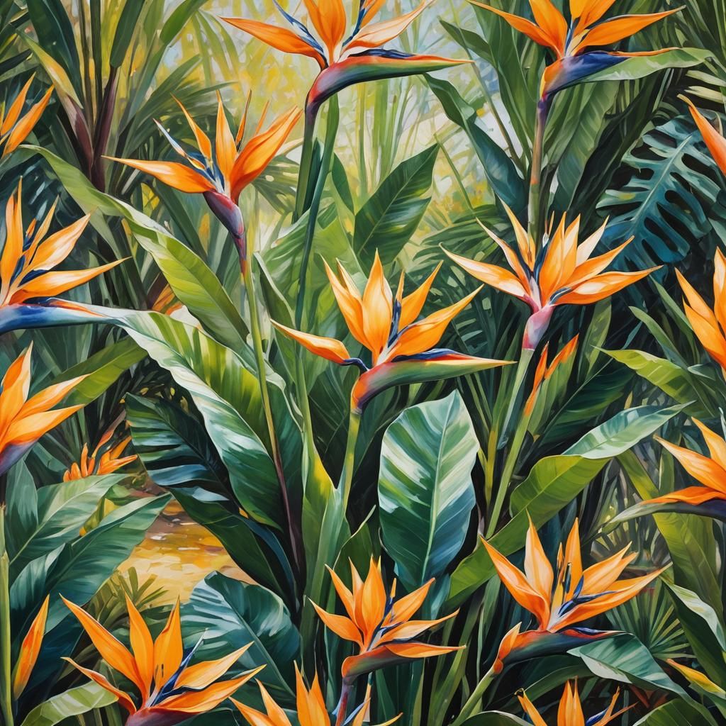 Tropical Strelitzia Flower in Impressionist Oil Painting