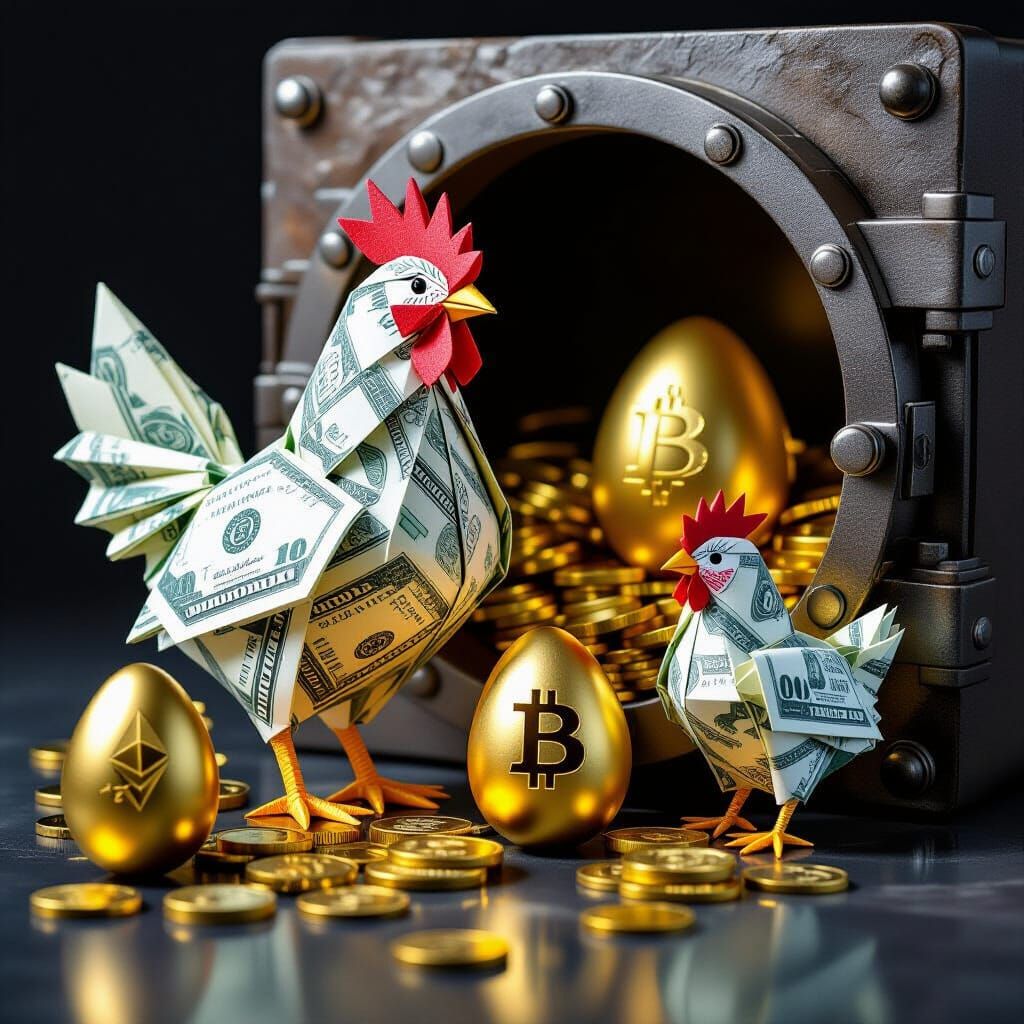 Origami Dollar Bill Hen with Bitcoin & Ethereum Eggs