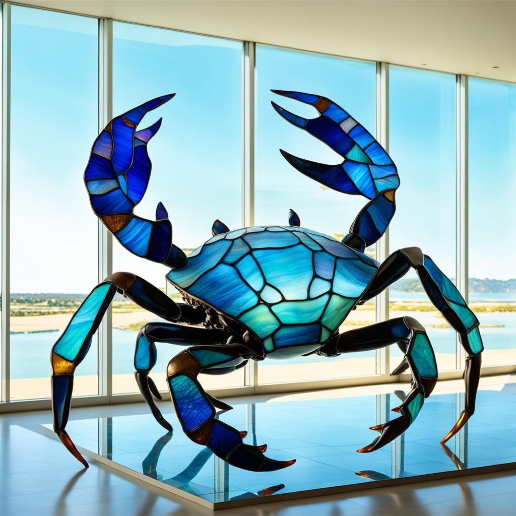 Blue Stained Glass Crab Sculpture