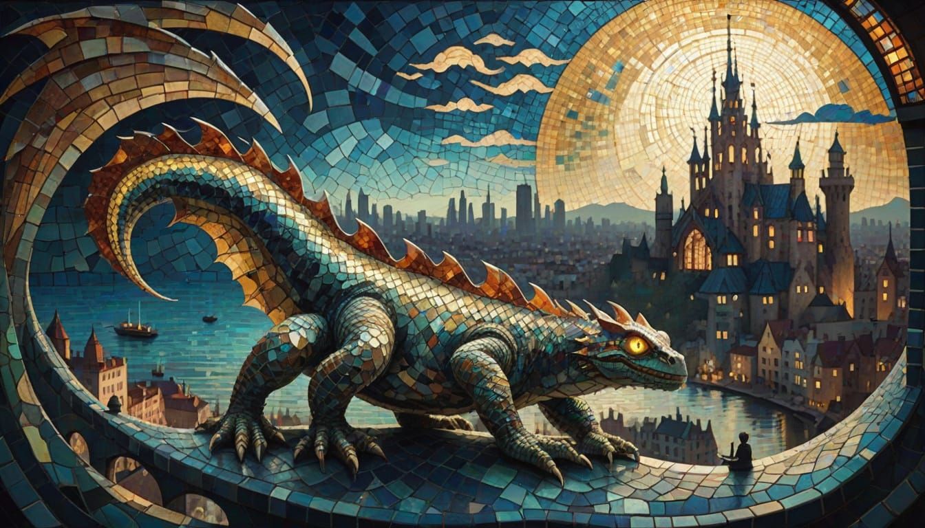 Mosaic Monster Soars Over City in Vibrant, Expressive Detail