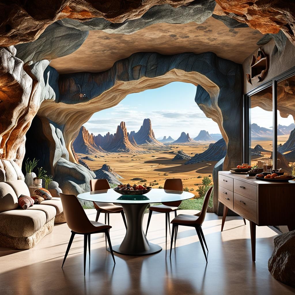 Realistic Cave Dining Room with Jurassic View