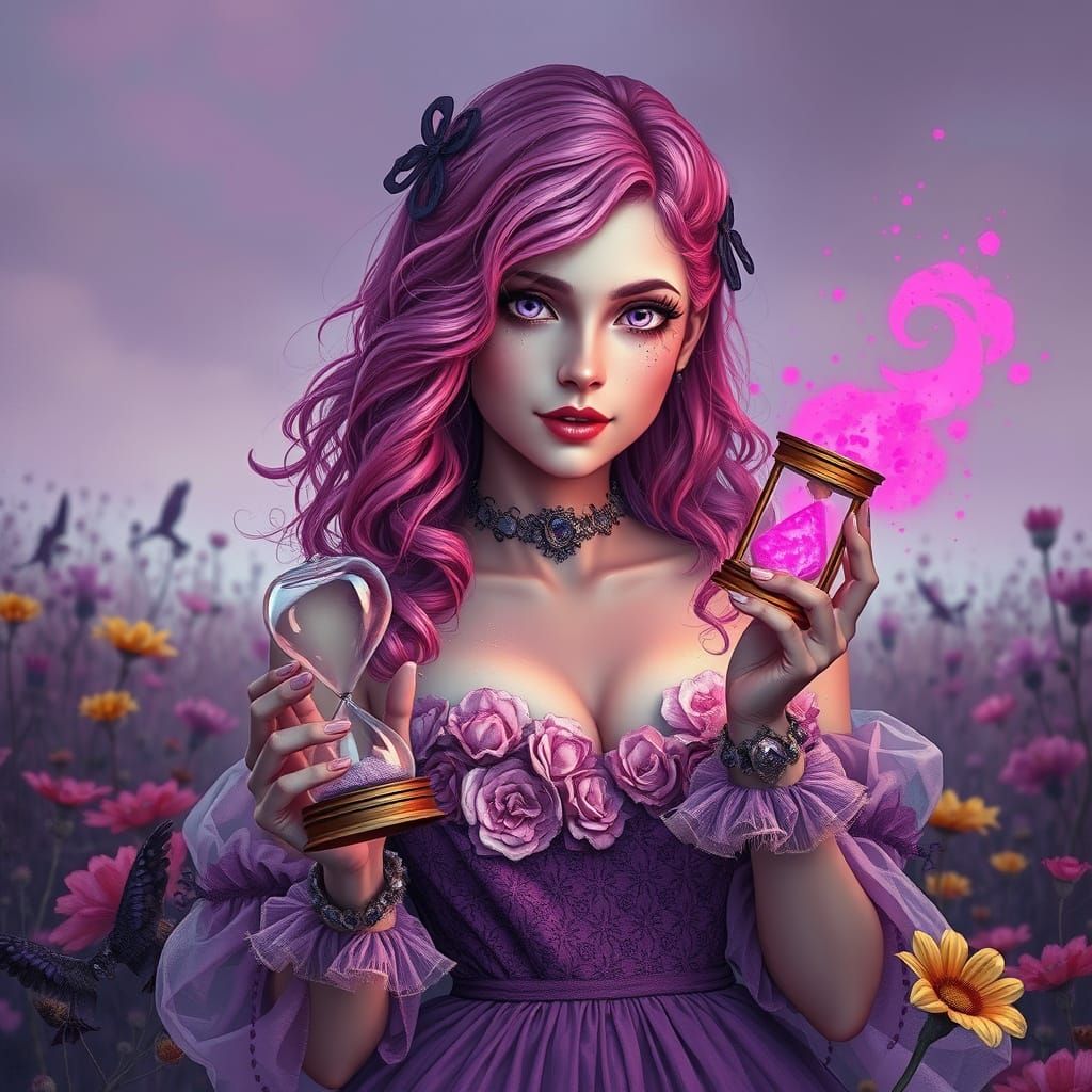 Gothic Woman with Hourglass in Floral Field