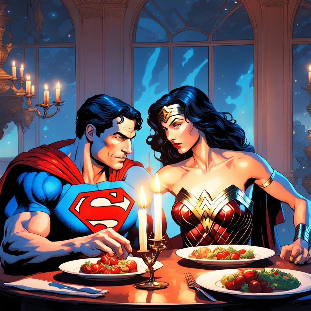 Wonder Woman and Superman Romantic Dinner: Detailed Portrait