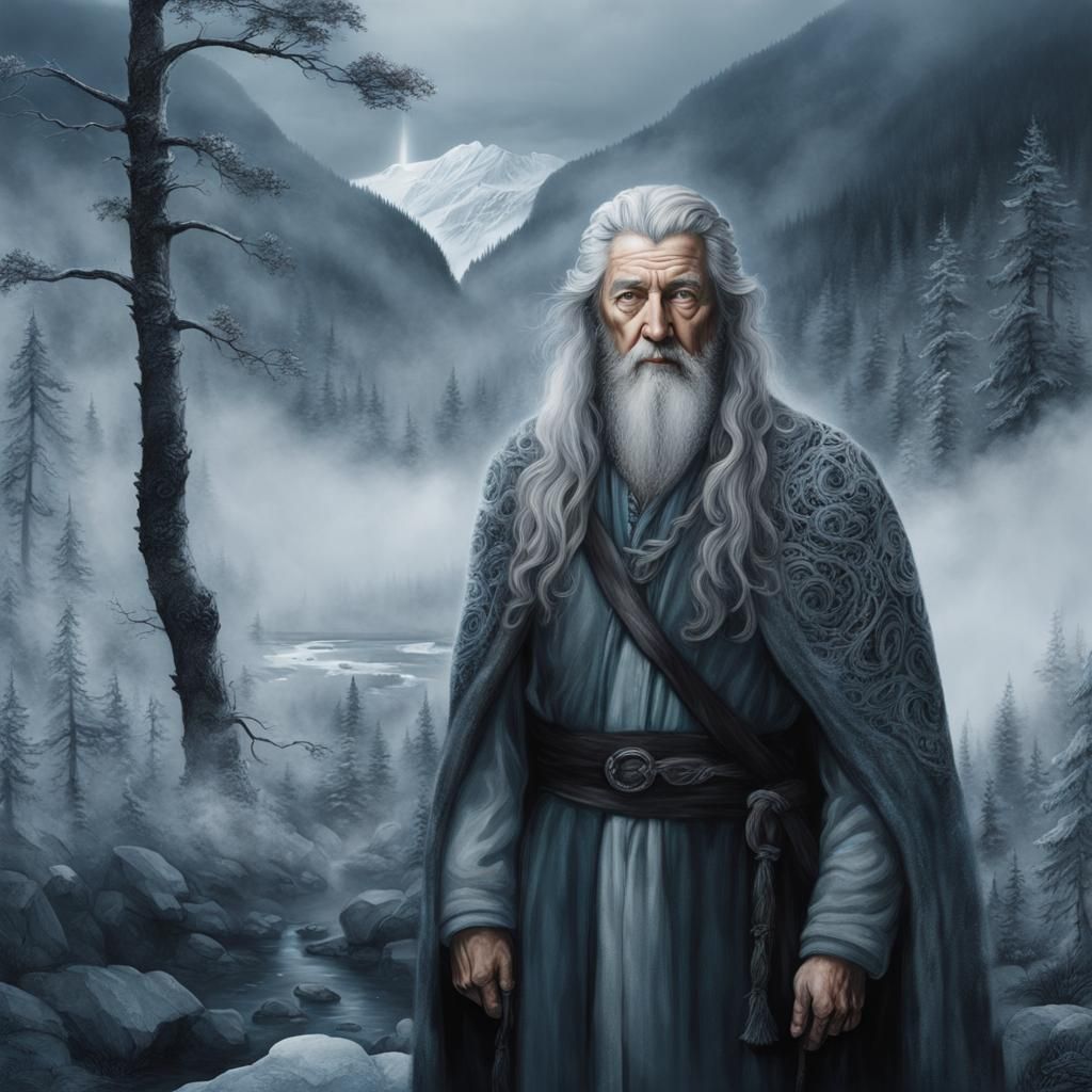 Gandalf Zentangle Portrait with Waterfall and Fox